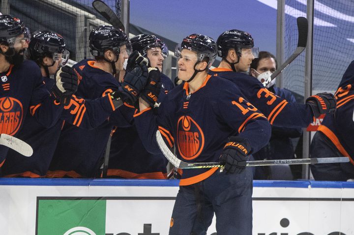 Edmonton Oilers’ Jesse Puljujarvi (13) celebrates his goal against the Winnipeg Jets during first period NHL action in Edmonton on Wednesday, February 17, 2021.