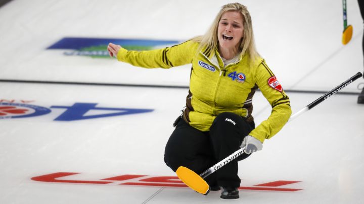 Team Manitoba skip Jennifer Jones reacts as she makes her last shot against Team Saskatchewan at the Scotties Tournament of Hearts in Calgary, Alta., Monday, Feb. 22, 2021.