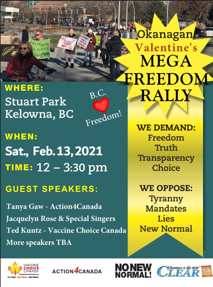 A notice showing a rally planned for downtown Kelowna on Saturday, Feb. 13, 2021.