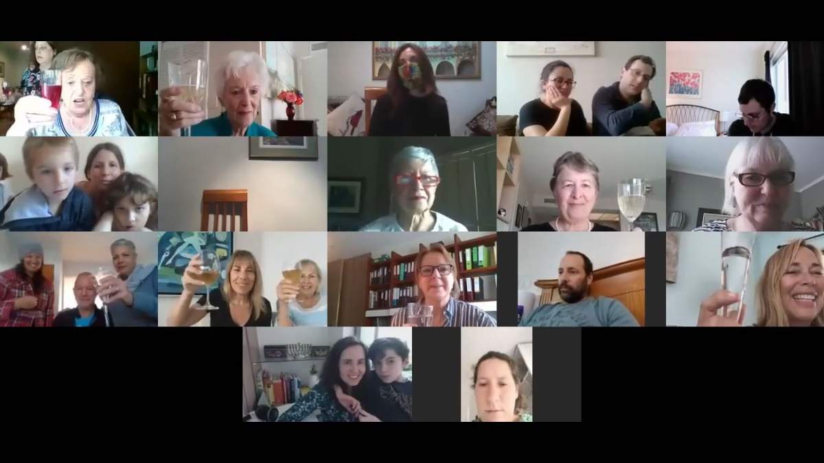 Members of both families toast during Zoom call. Screengrab from Zoom call. Courtesy: USC Shoah Foundation