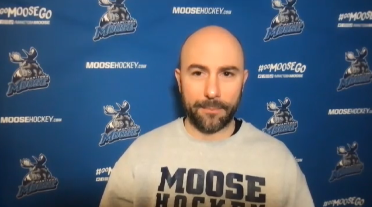 Moose head coach Pascal Vincent chats with the media via Zoom on Feb. 15, 2020.