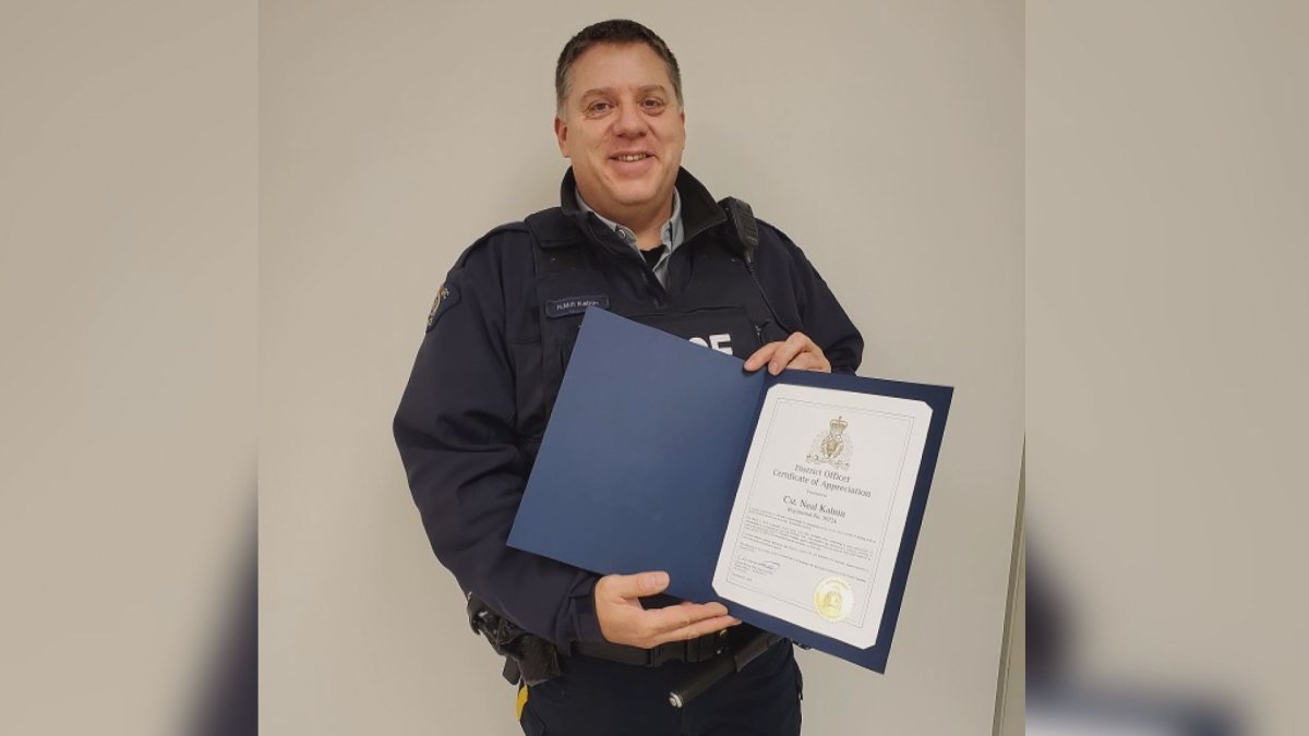 Constable Neal Kalnin was recognized by the national police force for his efforts in saving the life of a fellow officer in March 2018.
