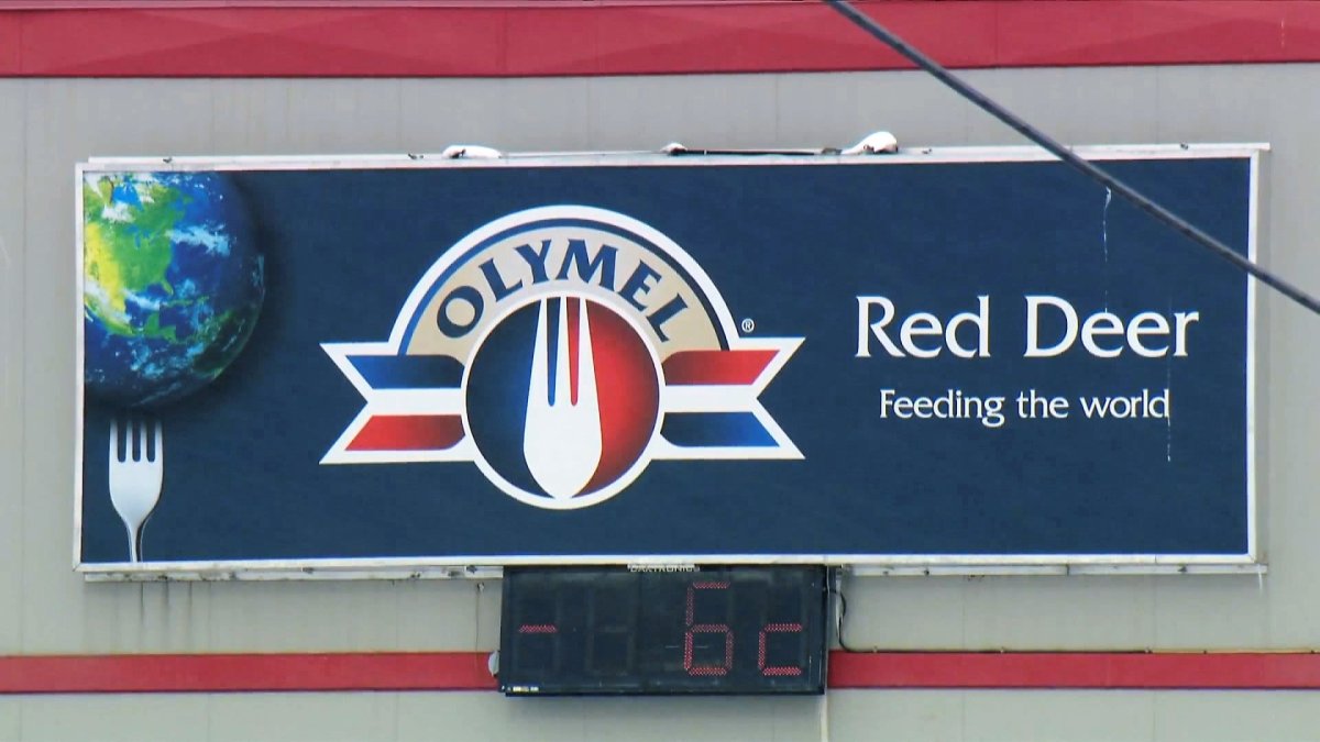 The exterior of the Olymel pork plant in Red Deer, Alta.