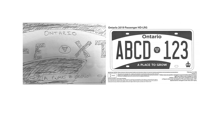 A hand-drawn mockup (left) and an alternate design (right) of the new version of the Ontario licence plate were contained in a Freedom of Information request filed by Global News.