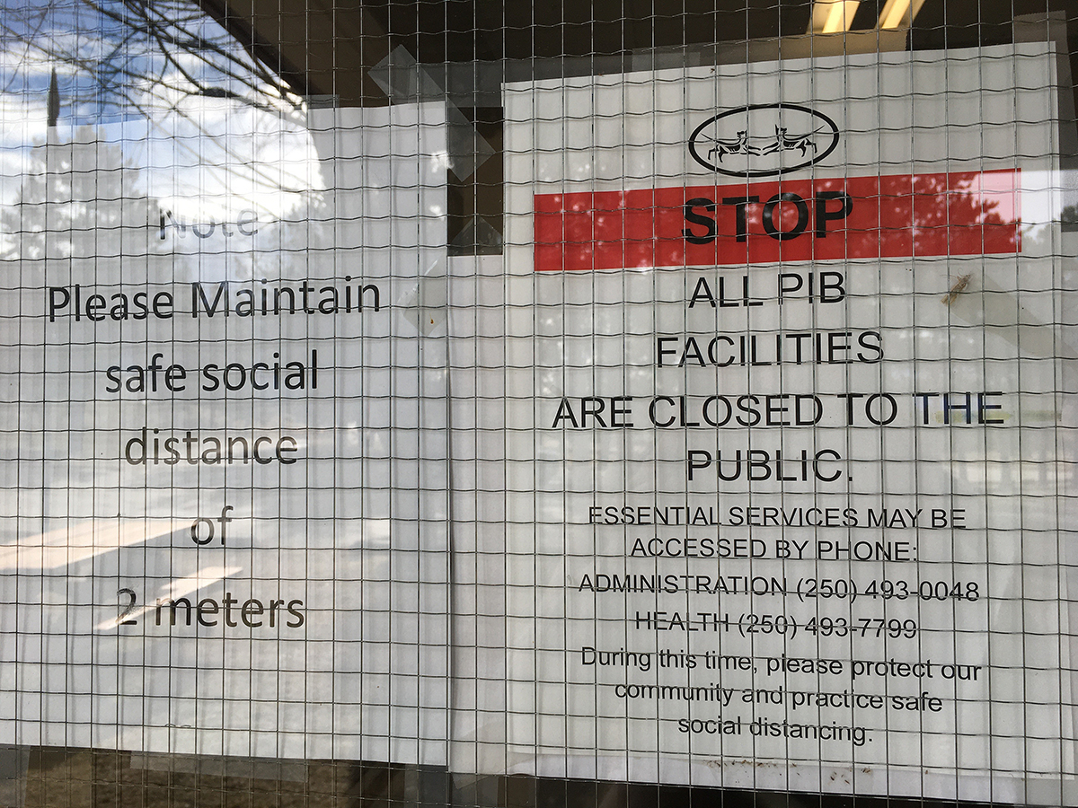 A sign on the door of a Penticton Indian Band building stating it is closed. On Monday, the PIB closed all of its buildings due to rising case counts of COVID-19 within the community.