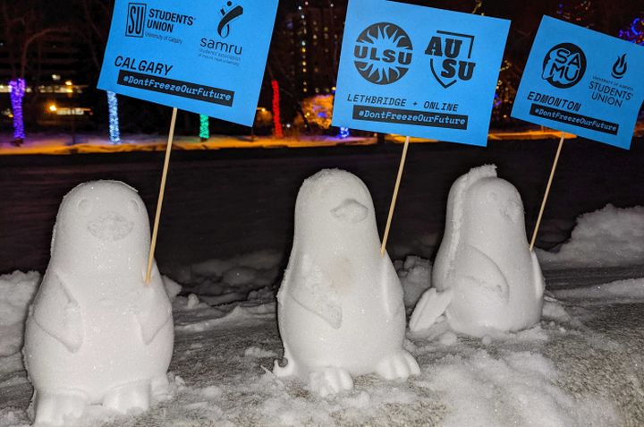 Three of some 800 snow penguins set up on the grounds of the Alberta legislature, are shown in this handout image provided by Jon Mastel, on Thursday, Jan. 28, 2020. 