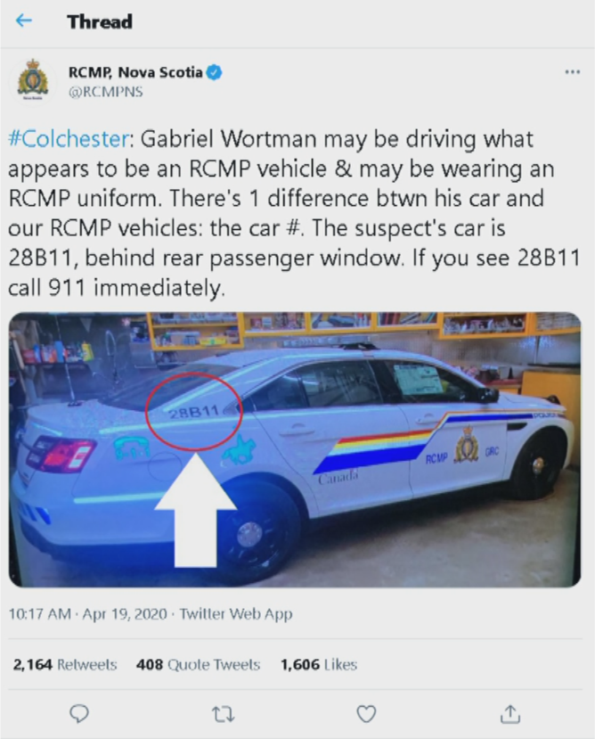 Image of tweet sent by Nova Scotia RCMP at 10:17 a.m. AT on April 19, 2020.