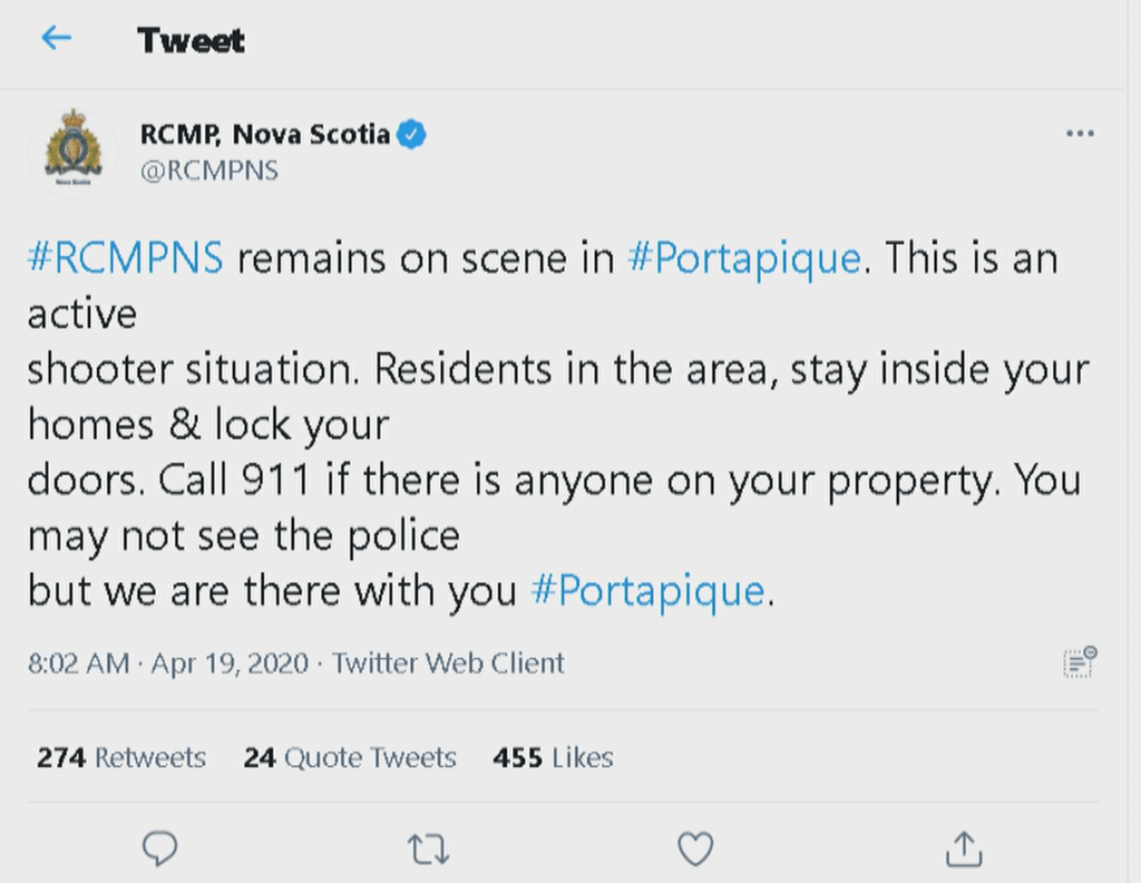 Image of tweet sent by Nova Scotia RCMP at 8:02 a.m. AT on April 19, 2020.