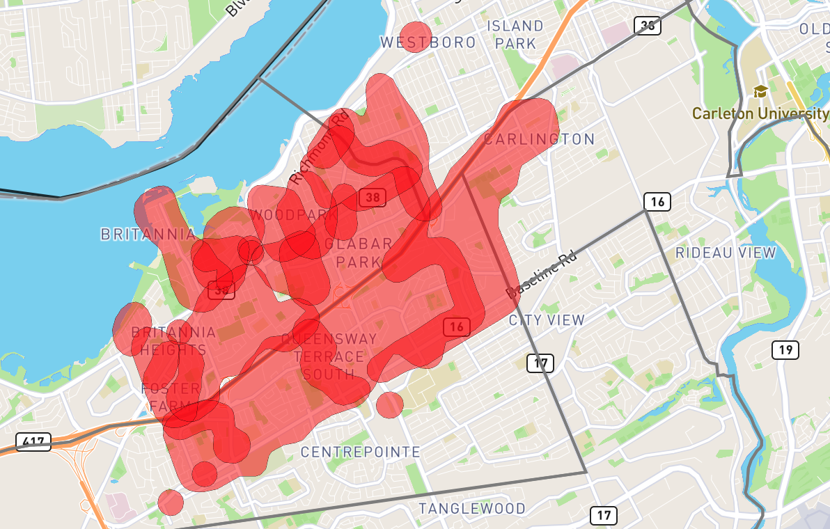A screengrab of Hydro Ottawa's power outage map shows the extent of power loss throughout the city's west end as of 3:15 p.m. on Wednesday.