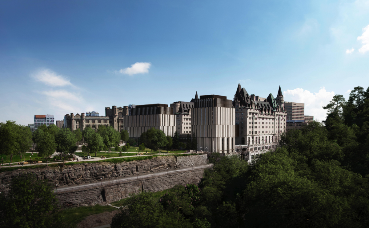 A view of the proposed Château Laurier addition from the East Block of Parliament.