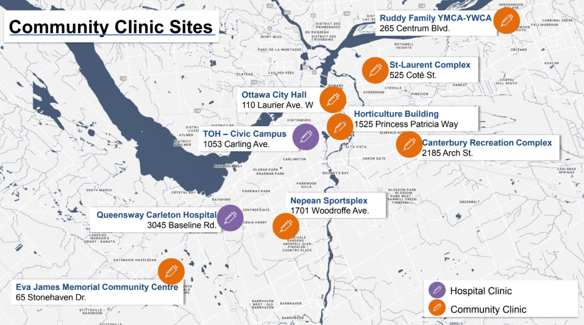 A map showing the locations of community and hospital clinics for COVID-19 vaccinations in Ottawa.