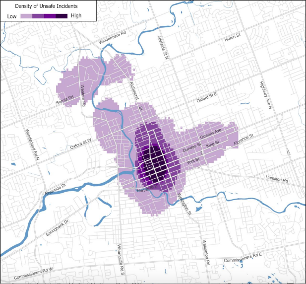 Between July 1, 2018 and December 31, 2018, a total of 1,825 pins were created by
participants using the online mapping tool to identify either safe or unsafe locations in
London.