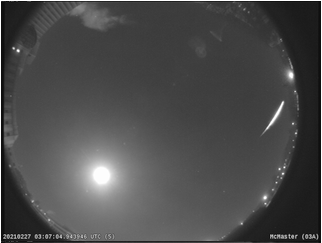 Observers in Ontario reported seeing a bright fireball on February 26 at 10:07 PM EST (2021 February 27 3:07 UTC). This event was captured by several all sky meteor cameras belonging to the NASA All Sky Fireball Network and the Southern Ontario Meteor Network operated by Western University.