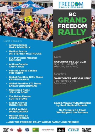 A notice showing a rally planned for Vancouver on Saturday, Feb. 20, 2021.
