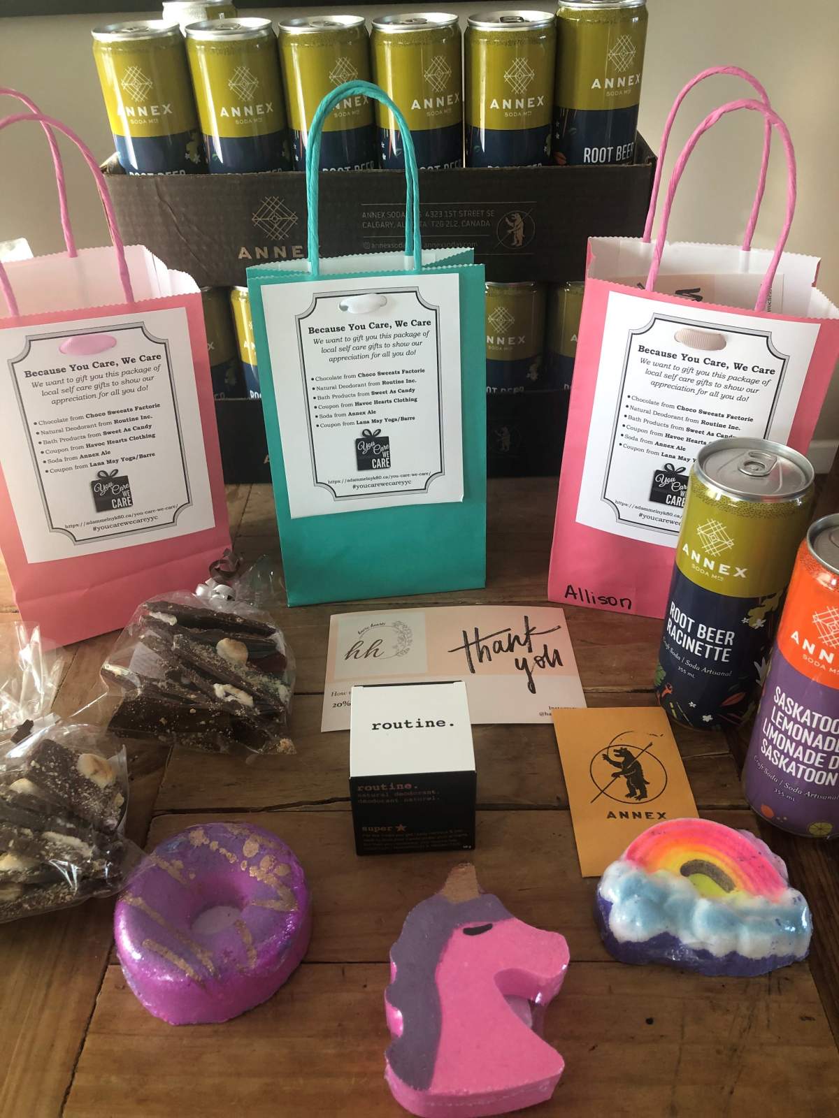 Gift bags for social service front-line workers.