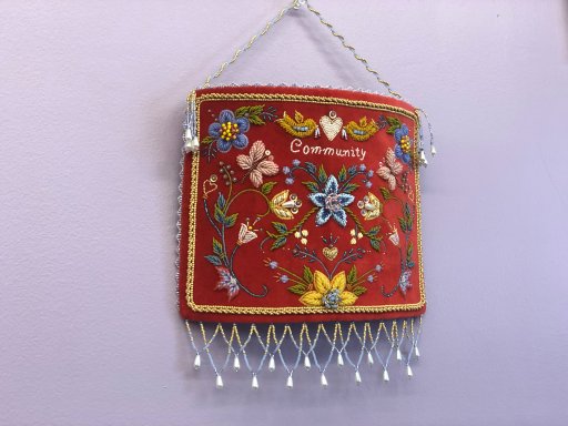 Beadwork created by Jessica Hernandez hanging at her craft supply shop Nicia’s Accessories in Kahnawake.