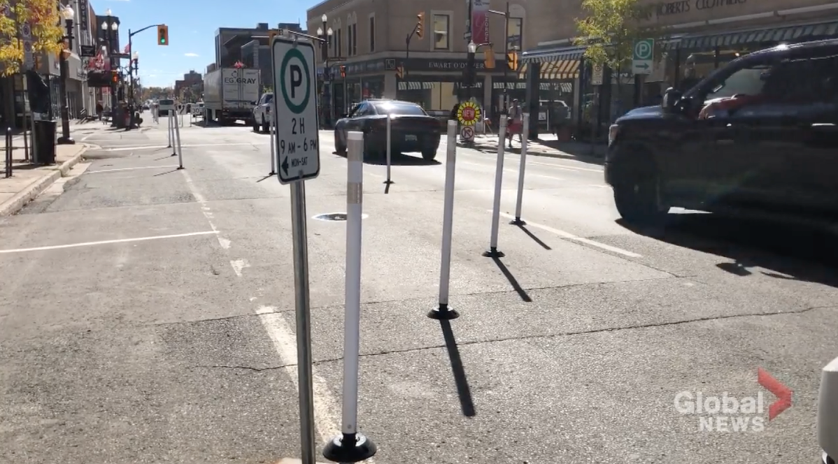 Bollards on George Street in downtown Peterborough during the summer of 2020.