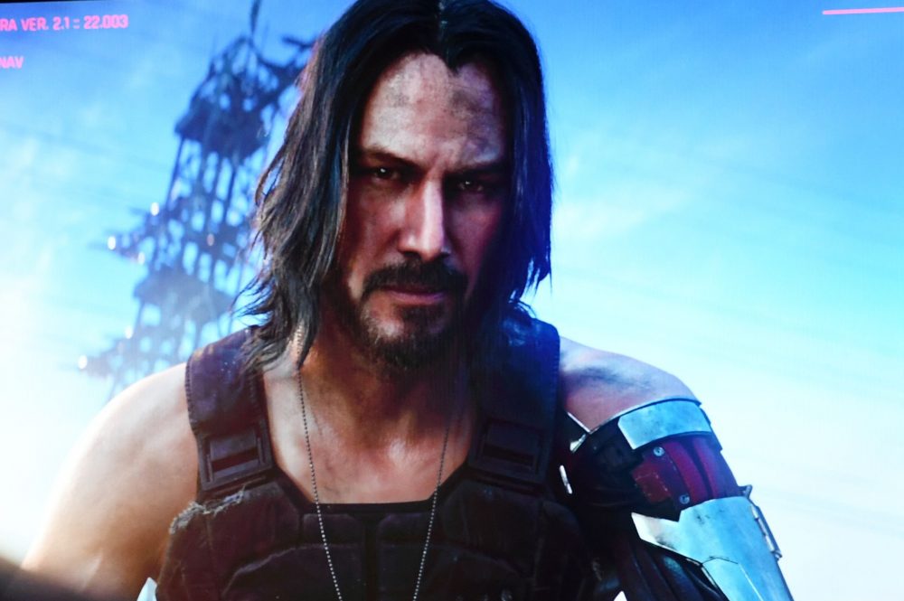 Keanu Reeves is shown as a character in 'Cyberpunk 2077' during a Microsoft Xbox press event in Los Angeles on June 9, 2019.