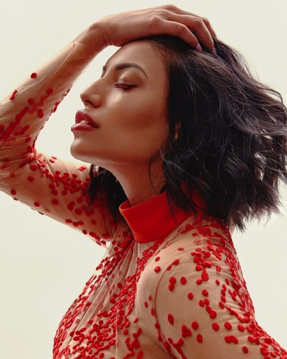 Indigenous model Ashley Callingbull models the MMIW red dress.