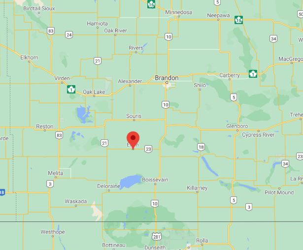Elgin is roughly 50 km southwest of Brandon, Man.
