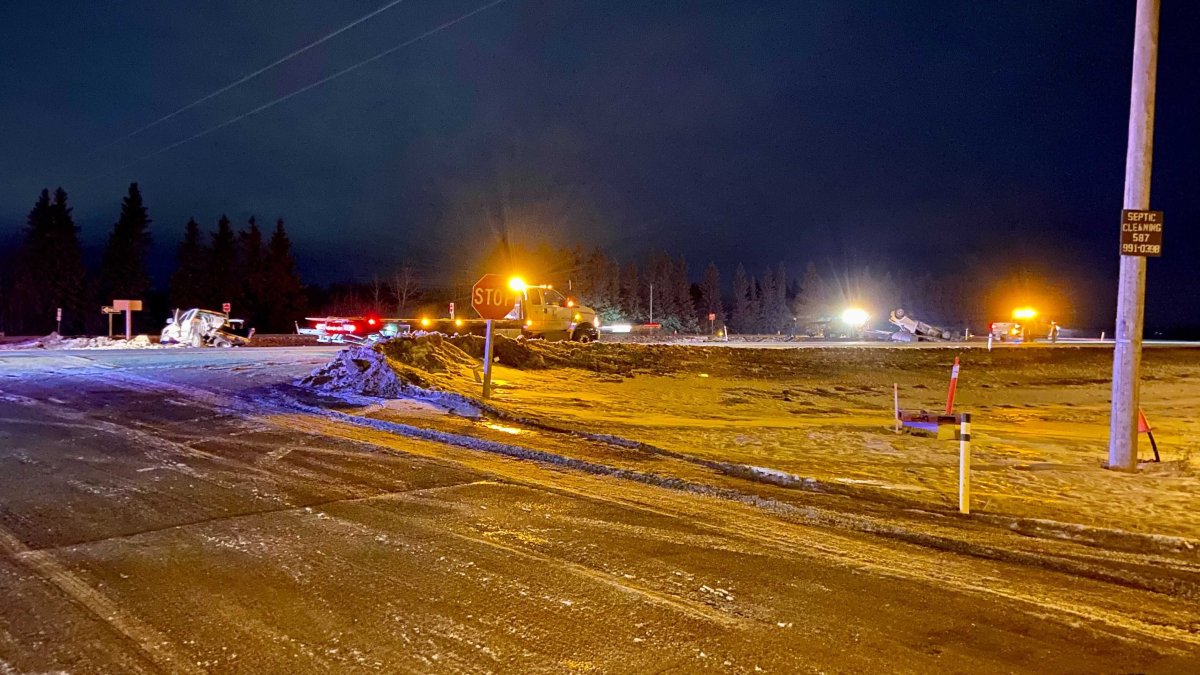 A two-vehicle crash on Highway 16, east of Edmonton, partially closed the road to traffic Saturday evening. 