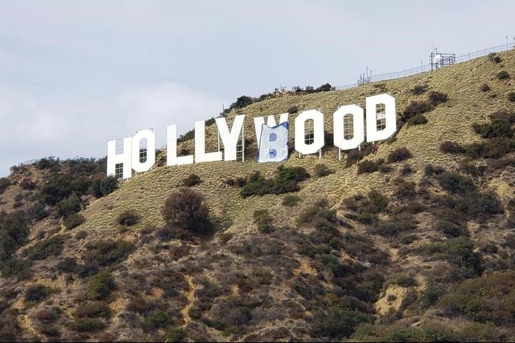 The Hollywood sign is shown in Los Angeles, Calif., after pranksters changed it to read 'Hollyboob' on Feb. 1, 2021.