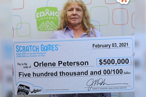 Orlene Peterson poses for a photo to celebrate her winnings in the Idaho Lottery on Feb. 3, 2021.