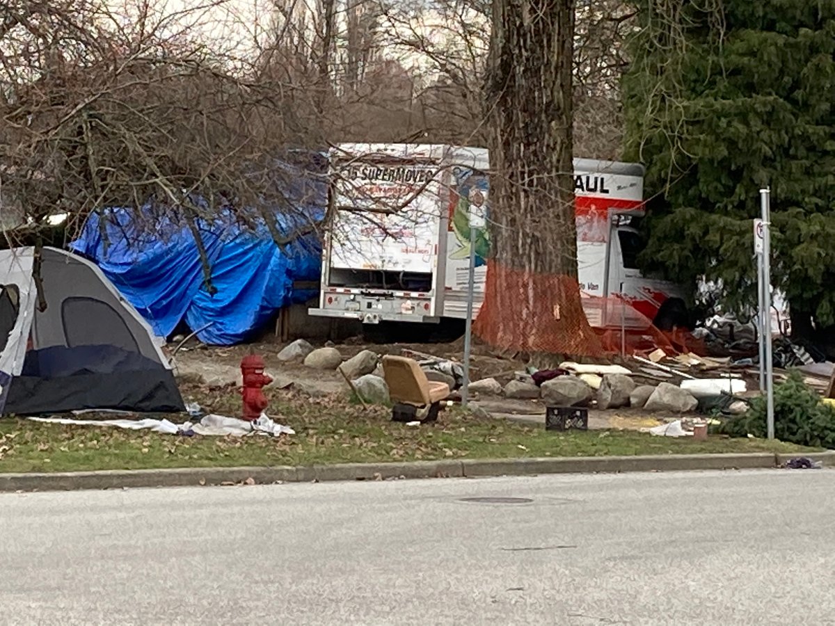 A stolen one-tonne U-Haul truck parked among tents at Strathcona Park before police removed it on Feb. 11.