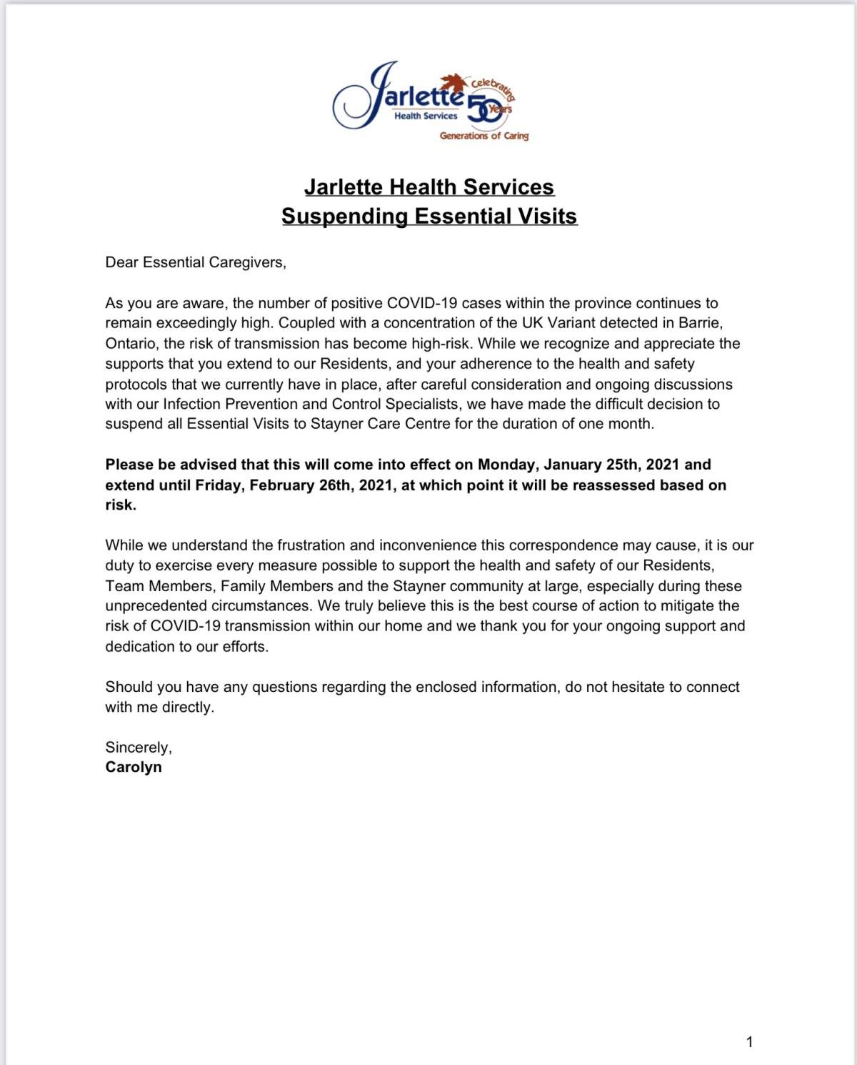 An essential caregiver to a resident at Stayner Care Centre provided Global News with a letter from the home on Jan. 25.