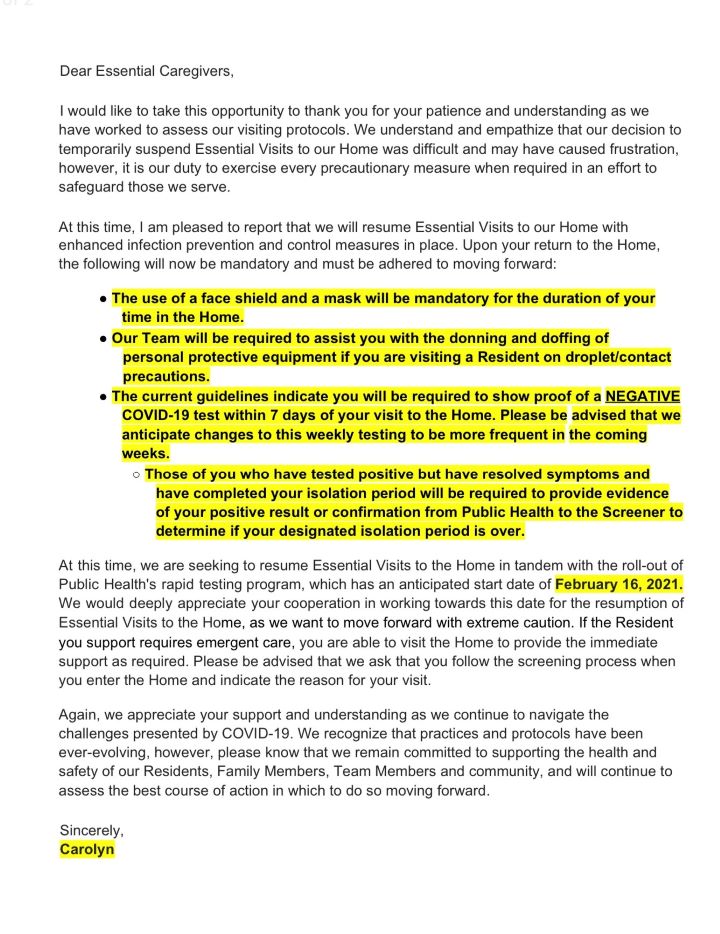 An essential caregiver to a resident at Stayner Care Centre provided Global News with a letter that was sent from the home on Feb. 8.