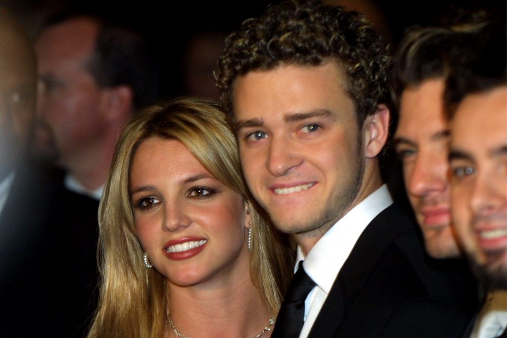 FILE - Singer Britney Spears and boyfriend Justin Timberlake from the band NSYNC arrive at Clive Davis's pre-Grammy Awards gala Feb. 26, 2002 in Beverly Hills, Calif.