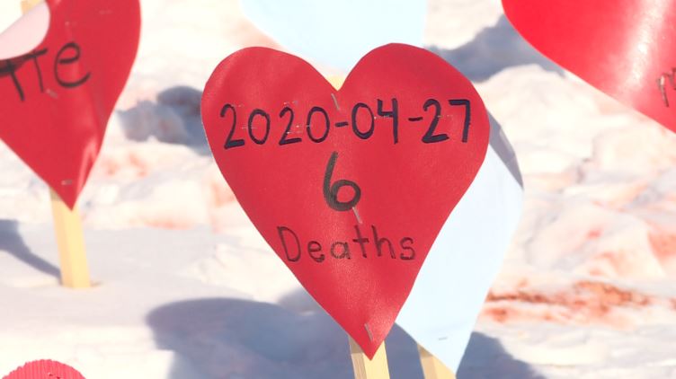 A memorial hearts placed along the Assiniboine River in Winnipeg, Manitoba