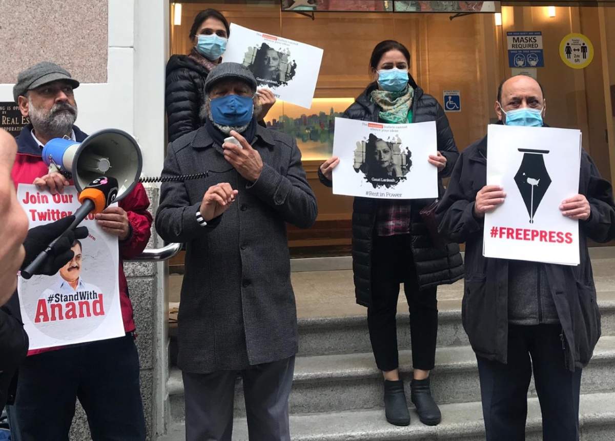Members of the Punjabi Press Club of B.C. gather outside the Indian consulate in Vancouver on Monday, Feb. 8, 2021. Courtesy: Punjabi Press Club of B.C.