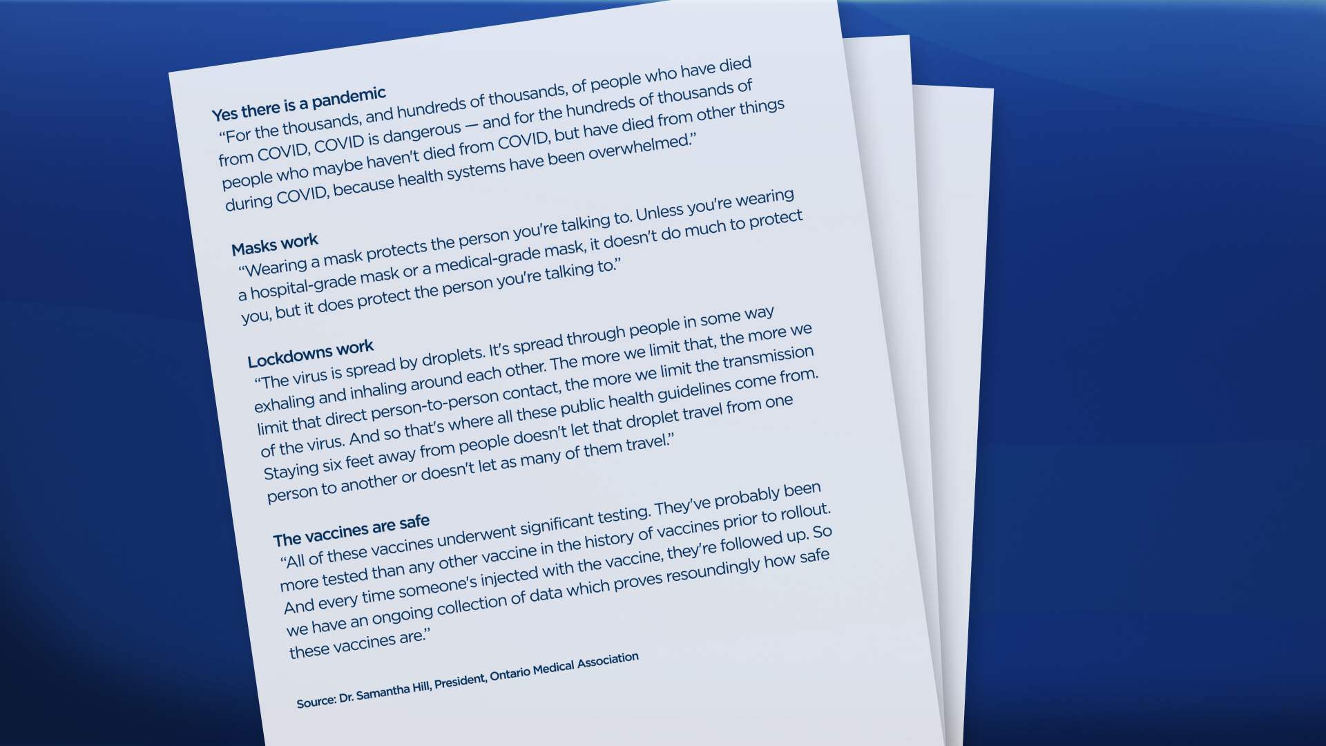 Global News asked Dr. Samantha Hill, president of the Ontario Medical Association, to address the key types of pandemic misinformation doctors are encountering.