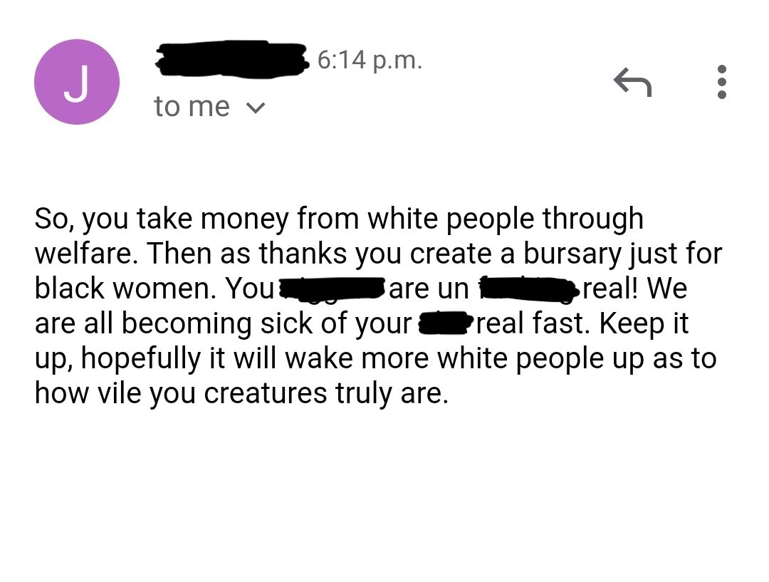 The email sent to La Toya Olson in response to her launch of a bursary for Black mothers.