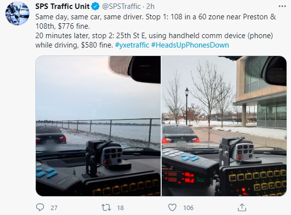 A driver in Saskatoon was stopped and fined twice in the same for allegedly speeding and using their phone while driving. 