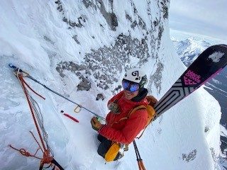Justen Bruns climbing the east face of Cascade Mountain in Alberta, February 2021.