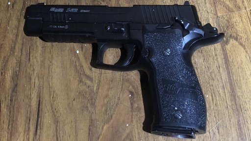 A replica handgun pellet pistol recovered by Calgary Police Service at the Nuvo Hotel on March 2, 2021.