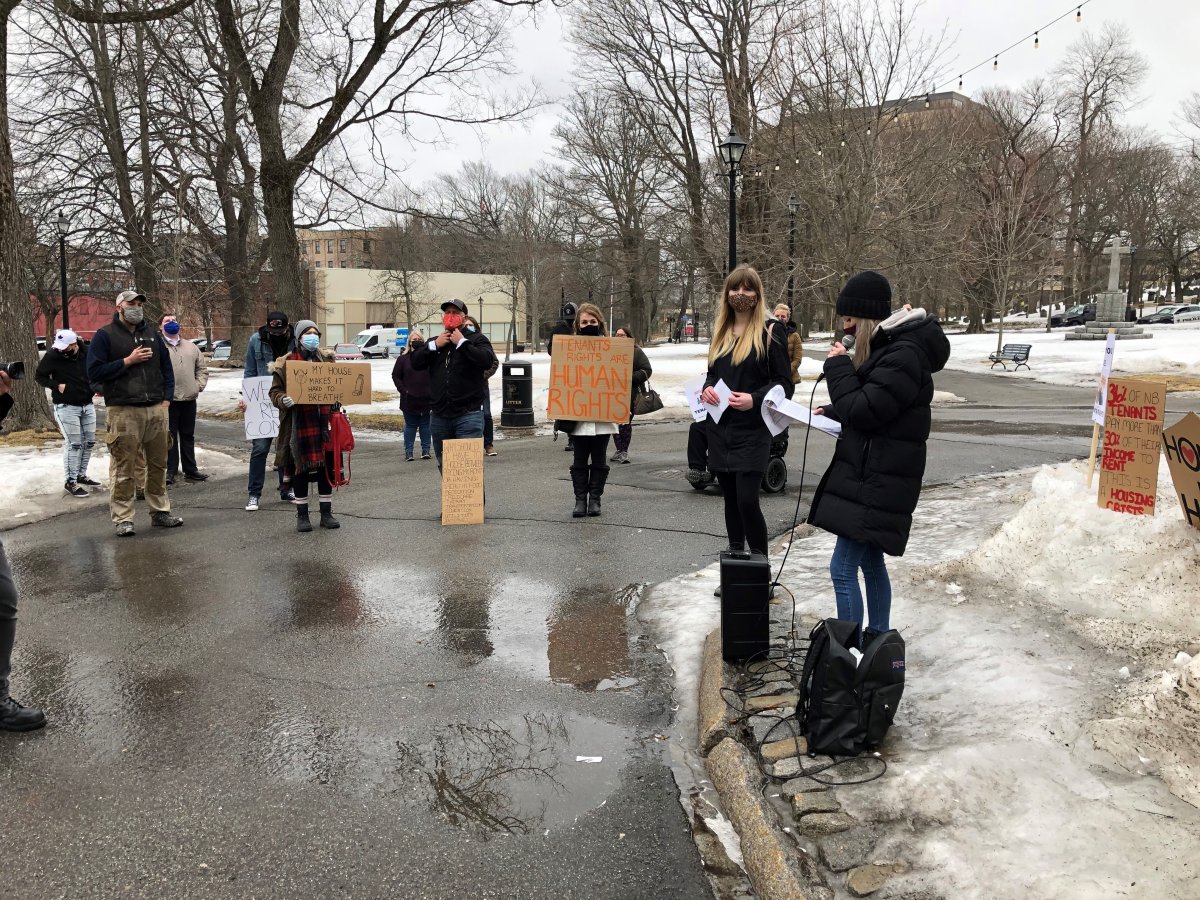 Affordable housing advocates, including ACORN New Brunswick, demonstrate in uptown Saint John to call on the N.B. government to increase protections for tenants in the province.