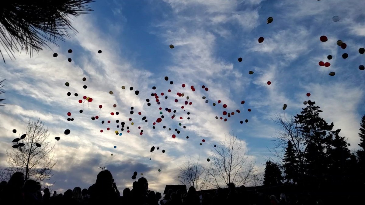 About 250 balloons were released into the sky in Leduc, Alta., on Thursday to honour Jennifer Winkler. The teen was stabbed and killed at her Leduc high school. 