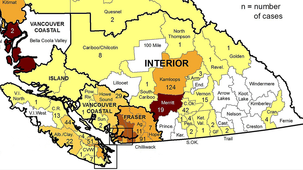 A map showing the number of confirmed coronavirus cases per local health region in B.C., for the week of Feb. 21-27. Some regions saw an increase in caseloads from the week prior, while others saw a decrease.