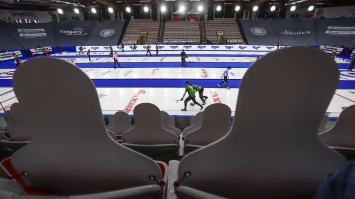 Play continues as cardboard cutouts of fans look on at the Brier in Calgary, Alta., Tuesday, March 9, 2021.