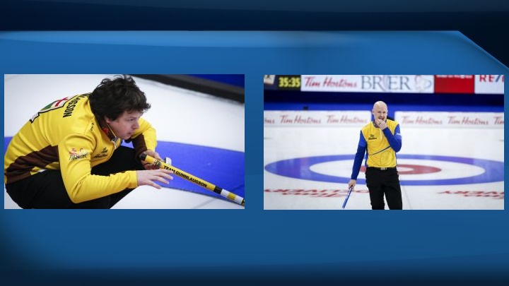 Manitoba's Jason Gunnlaugson (left) moved into sole possession of first place in Pool A at the Canadian men's curling championship on Monday. Kevin Koe's (right) first-place Wild Card Two had the lone perfect record in Pool B after an 11-3 rout of Nunavut's Peter Mackey in the evening.