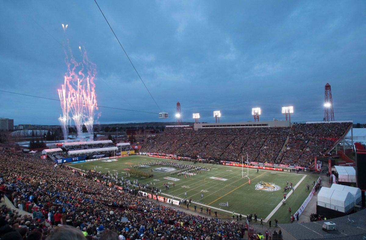 Fireworks go off prior to the kick-off at the 107th Grey Cup in Calgary, Alta., Sunday, November 24, 2019.
