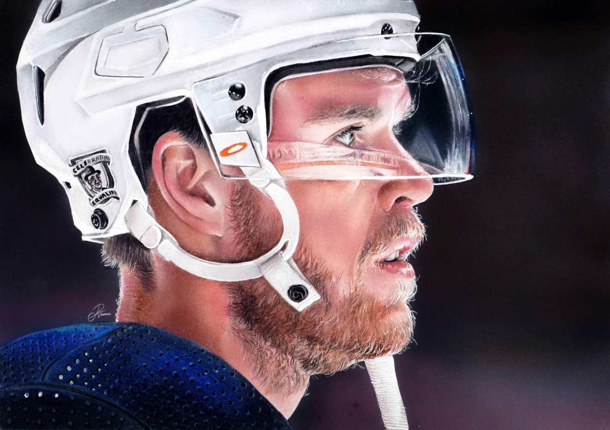 A pencil colour portrait of Edmonton Oilers player Connor McDavid, drawn by Scottish artist Rebecca Thomson.