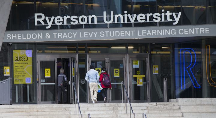 People arrive at Sheldon & Tracy Levy Student Learning Center at Ryerson University on Oct. 20, 2020.