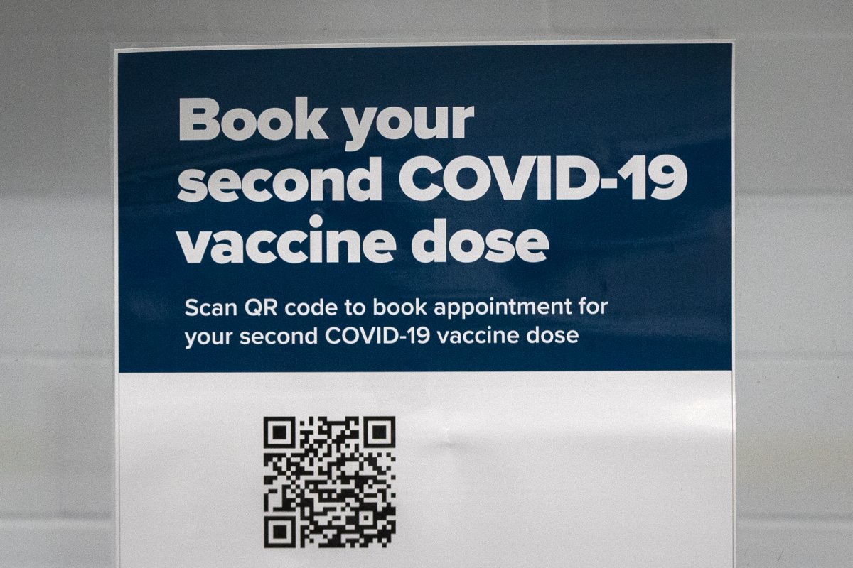 Information how to book the second shot for the COVID-19 vaccine at the Invista Centre in Kingston, Ont., on Monday, March 1, 2021.