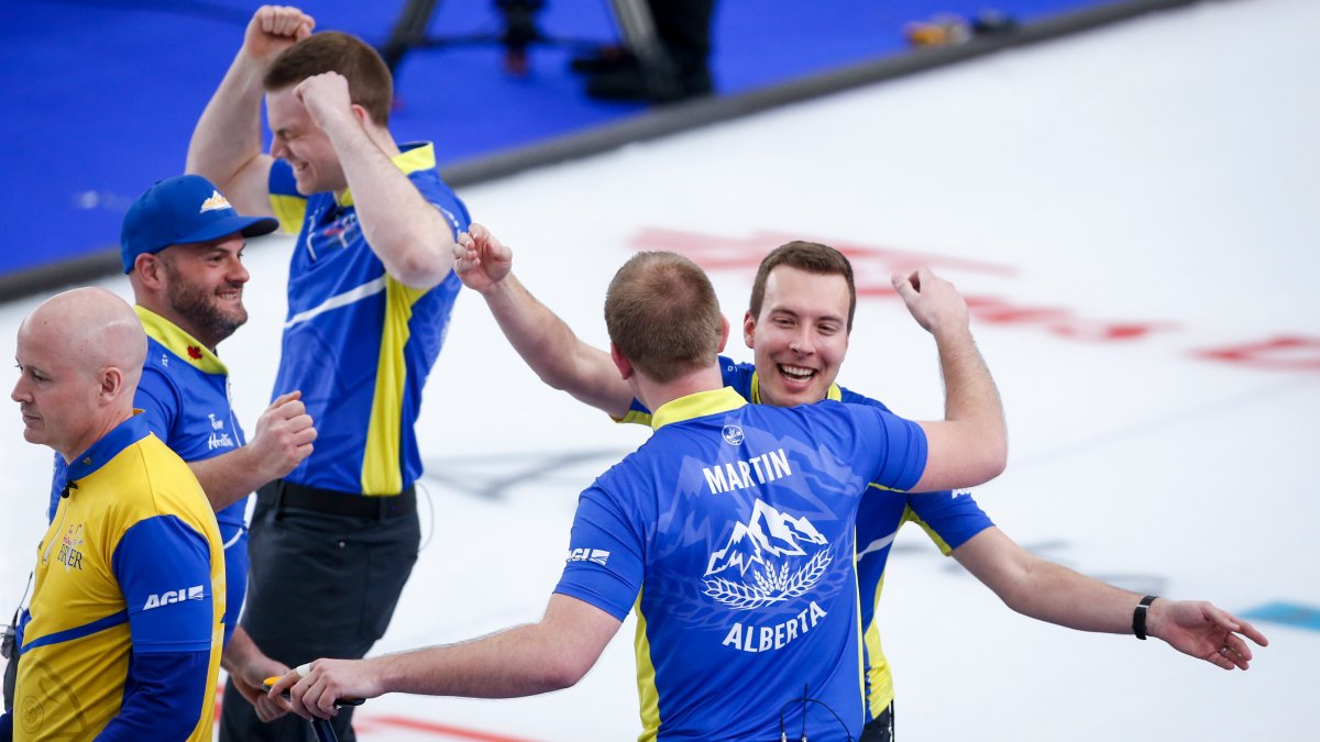 Team Alberta skip Brendan Bottcher, right, celebrates with his teammates after defeating Team Wild Card Two to win the Brier curling final in Calgary, Alta., Sunday, March 14, 2021. 