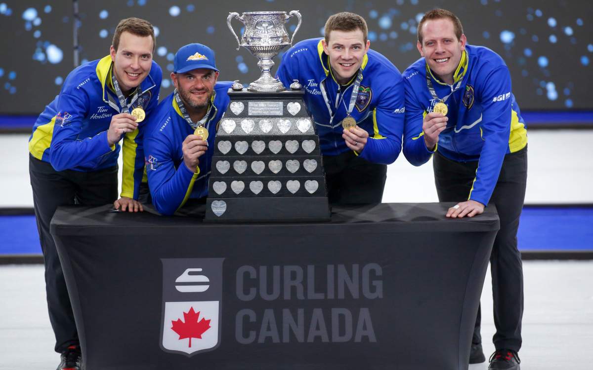 Team Alberta, left to right, skip Brendan Bottcher, third Darren Moulding, second Brad Thiessen, lead Karrick Martin celebrate defeating Team Wild Card Two to win the Brier curling final in Calgary, Alta., Sunday, March 14, 2021.