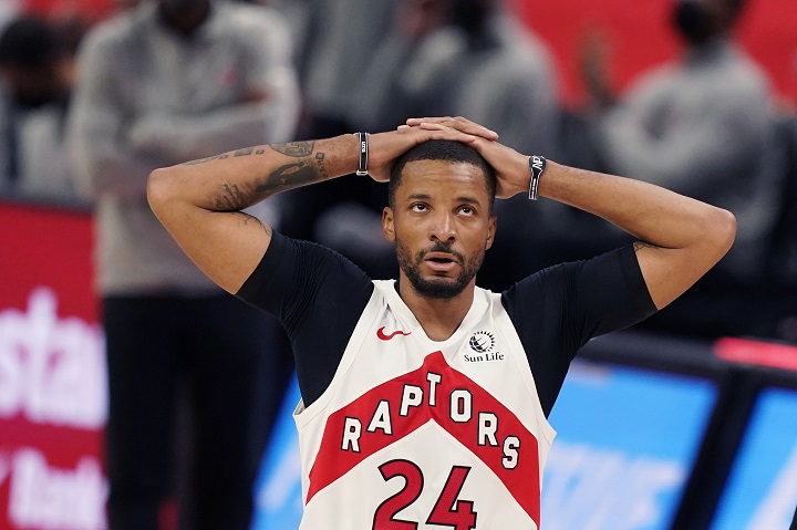 Toronto Raptors Norm Powell reacts to a play in a game against the Detroit Pistons on March 17.